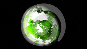 Abstract animation of green planet covering with ice and rotating on the black background. Animation. The process of
