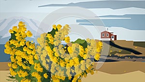 Abstract animation of landscape with yellow tree. Cartoon animation of blooming yellow flowers of tree showering in wind