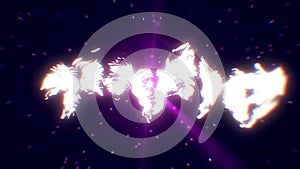 Abstract animation of moving blurred purple light rays and laser letters on a dark background. Laser animation.