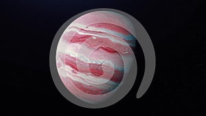 Abstract animation of planet Jupiter with colorful surface rotating in outer space. Animation. Full revolution of the