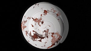Abstract animation of red planet covering with ice and rotating on the black background. Animation. The process of