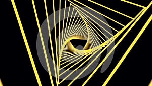 Abstract animation with rotating triangles on a black background computer renderer. Yellow triangles