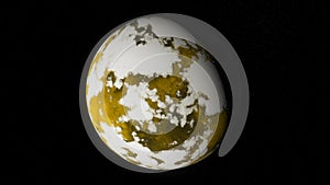 Abstract animation of yellow planet covering with ice and rotating on the black background. Animation. The process of