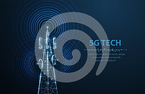 Abstract antenna mast on blue. 5G technology, telecommunication industry