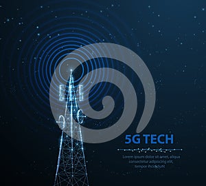 Abstract antenna mast on blue. 5G technology, telecommunication industry