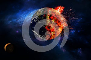 Abstract apocalyptic background - burning and exploding planet . View of planet earth burning in space 3D rendering elements.