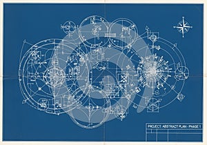 Abstract architectural blueprint featuring a complex array of geometric shapes and intricate lines