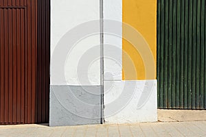 Abstract architectural composition with flat colors and textures with a central axis