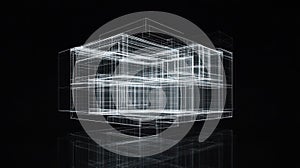 Abstract Structure, 3D Wireframe Building Model on Black Background