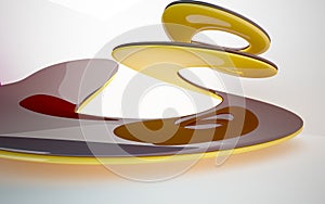 Abstract architectural interior with colored smooth glass sculpture with brown lines.