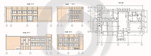 Abstract architectural plan of a building showing facades on four sides. Engineering background.