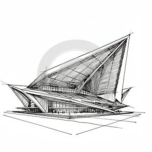 Abstract architectural sketch depicting a futuristic building with sharp, angular lines