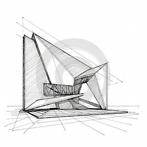 Abstract architectural sketch featuring sharp, angular geometric forms. The design