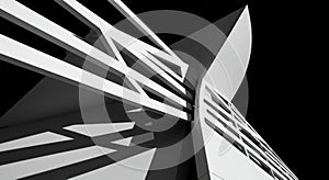 Abstract architectural structure featuring intersecting white beams and angular forms