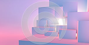 Abstract architectural vaporwave background with cube construction in pink and blue lights stage and light beam inside