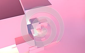 Abstract architectural vaporwave background with cube construction in pink and blue lights stage and light beam inside