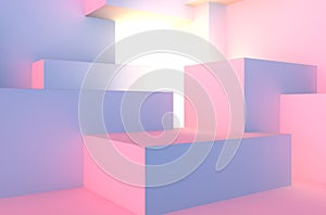 Abstract architectural vaporwave background with cube construction in pink and blue lights stage and light beam inside