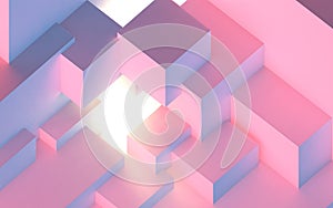 Abstract architectural vaporwave background with cube construction in pink and blue lights stage and light beam inside