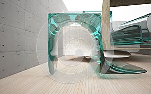 Abstract architectural wood and glass interior from an array of spheres with large windows.