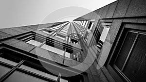 Abstract Architecture of a Building Photographed from Ground Up Vanishing Perspective - Black and White