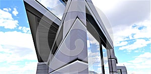 Abstract architecture. A look from below at a futuristic custom-shaped house. Large panoramic energy-saving windows. Innovative