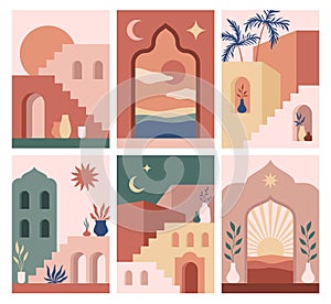 Abstract architecture posters. Simple geometric staircases and eastern arches, moroccan style simple contemporary cards