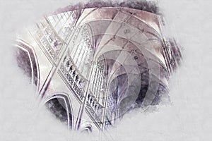 abstract architecture sketch style image of indoors paer of Prague cathedral