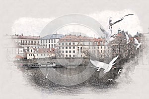 Abstract architecture sketch style image of Prague urban view