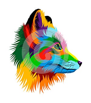 Abstract arctic fox head portrait, fox head portrait from multicolored paints. Colored drawing