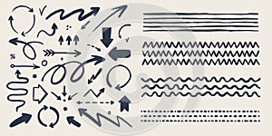 Abstract arrows and brushes set. Various doodle arrows and art strokes with grunge texture. Hand-drawn abstract vintage