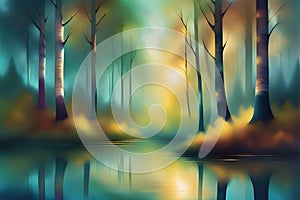 Abstract art acrylic oil painting of forest birch trees landscape with gold details and reflection of water from a lake