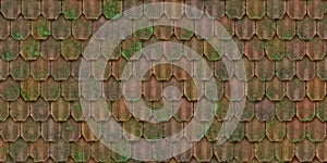 Abstract art, aged vintage clay roof tiles, weathered firebrick color, old ceramic, covered by green moss, small cracks. Seamless