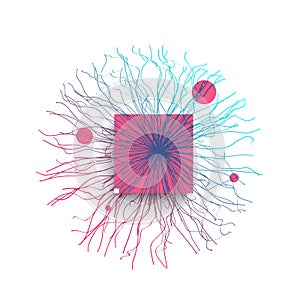 Abstract art. Array with dynamic emitted particles. Science or technology background. Network illustration with particle. 3D grid