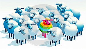 Conceptual surreal illustration of the rebel, the odd one in a herd of identical sheep photo