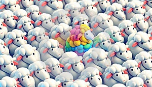 Conceptual surreal illustration of the rebel, the odd one in a herd of identical sheep photo
