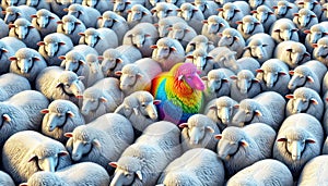 Conceptual surreal illustration of the rebel, the odd one in a herd of identical sheep photo