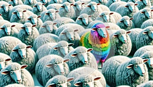 Conceptual surreal illustration of the rebel, the odd one in a herd of identical sheep photo