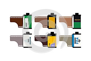 35mm photoghraphic film rolls flat design vector illustration.