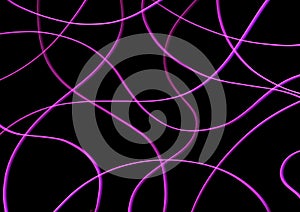 Abstract art background black color with wavy neon purple lines. Backdrop with curve fluid lilac ribbon. Wave pattern