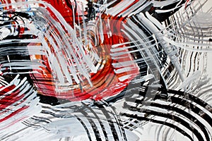 Abstract art background. Fragment of artwork. Thin black lines on white and red