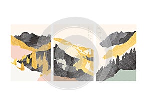 Abstract art background with gold foil elements vector. Mountain forest banner with black texture. Natural art template with