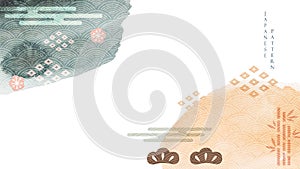 Abstract art background with Japanese wave pattern vector. Watercolor texture with bonsai, cherry blossom flower icon in vintage