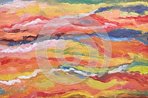 Abstract art background. Orange, yellow, red, blue texture. Brushstrokes of paint. Hand-painted picture. Contemporary art.