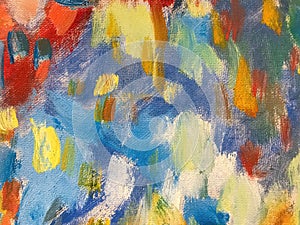 Abstract art background with vibrant colors. Watercolor painting with blue, red and yellow brush strokes