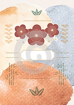 Abstract art background with watercolor texture vector. Japanese wave pattern and cherry blossom flower with brush stroke template