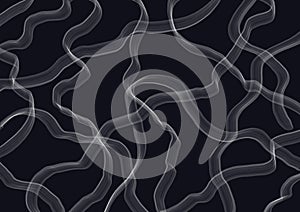 Abstract art black color background with wavy white lines. Backdrop with curve fluid gray striped ornate. Wave pattern