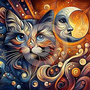 Abstract art of cat and the moon, in bold painting, with magical and cute elements arounds it, beautiful design
