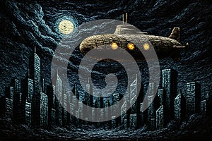 Abstract art city view with submarine plane.