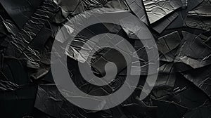 Abstract Art Collage: Black And White Paper Background With Ripped Leather Pieces