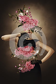 Abstract art collage of young woman with flowers